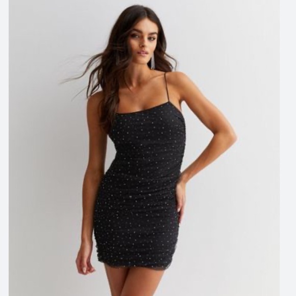 Lucy in the sky black Polka dot ruched sequin spaghetti strap mini dress - Picture 1 of 5